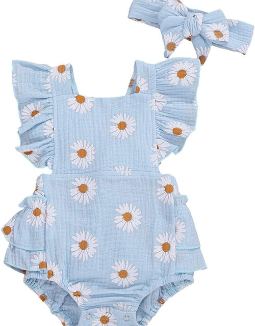 Load image into Gallery viewer, Baby Girls Daisy Playsuits Ruffled Bodysuit+Headband Print Fly Sleeve Romper Floral Jumpsuit Infant Summer Clothes
