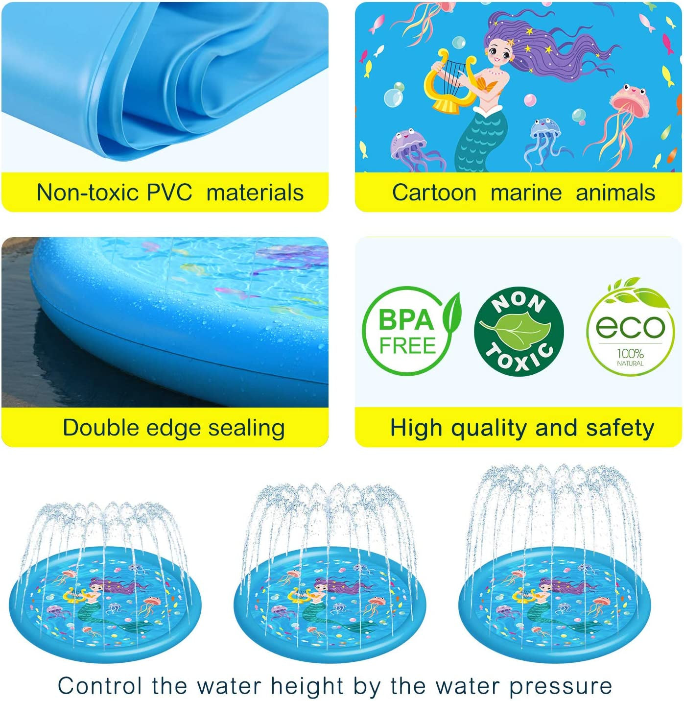 Kids Sprinklers for Outside, Splash Pad for Toddlers & Baby Pool 3-In-1 59" Water Toys Gifts for 1 2 3 4 5 Year Old Boys Girls Splash Play Mat(Mermaid)