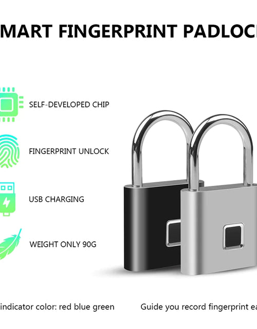 Load image into Gallery viewer, Black Silver USB Rechargeable Door Smart Lock Fingerprint Padlock Quick Unlock Zinc Alloy Metal High Identify Security Lock
