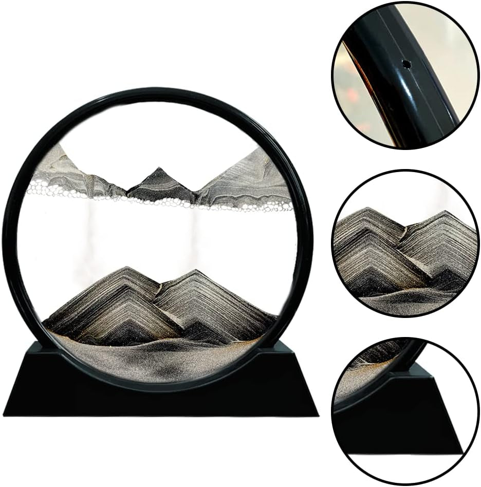 Moving Sand Art Picture round Glass 3D Deep Sea Sandscape in Motion Display Flowing Sand Frame Relaxing Desktop Home Office Work Decor (12", Black)