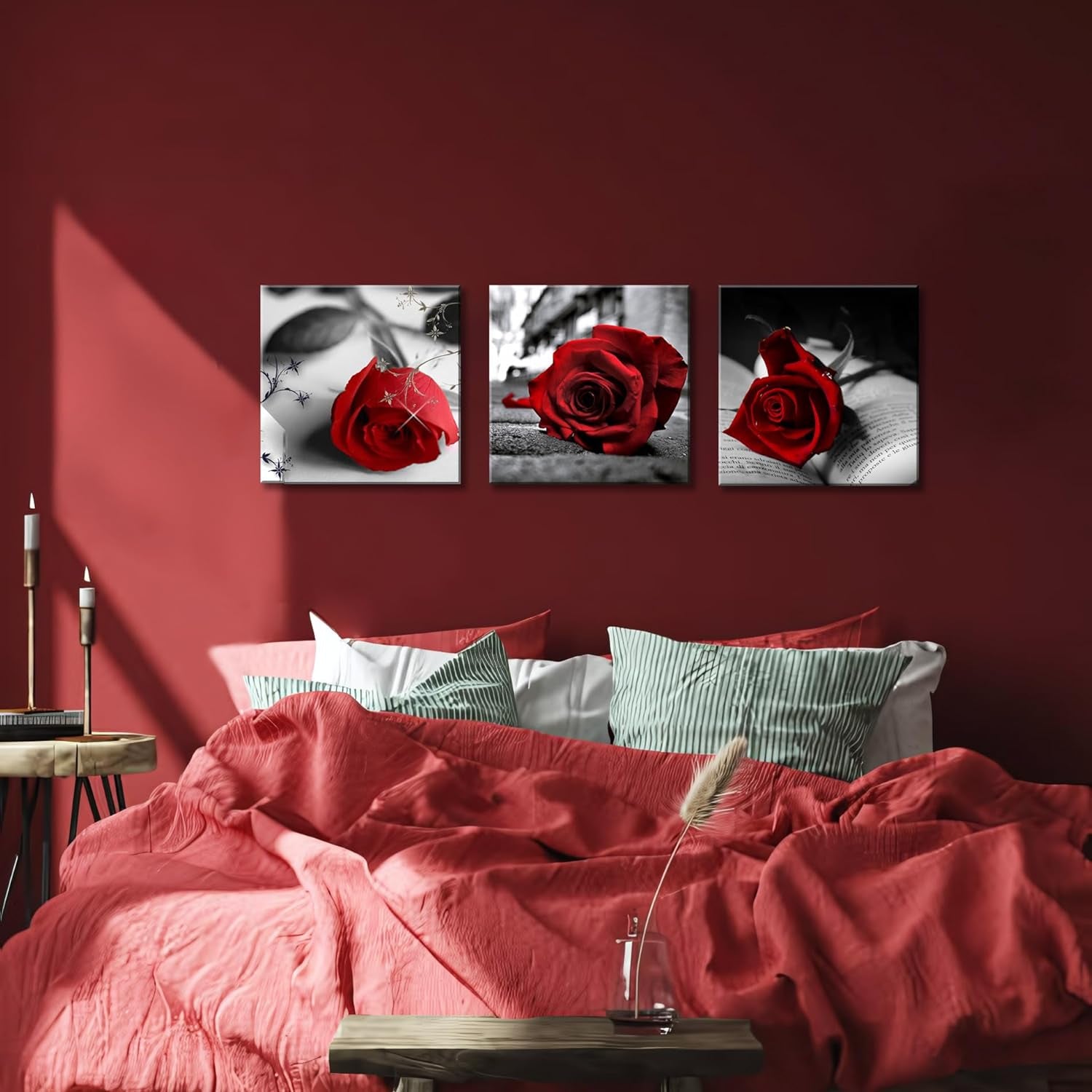 Canvas Print 3 Pcs Black and White Red Rose Canvas Art Painting Abstract Wall Art Decorations Flower Picture on Canvas for Home Decor Stretched and Framed