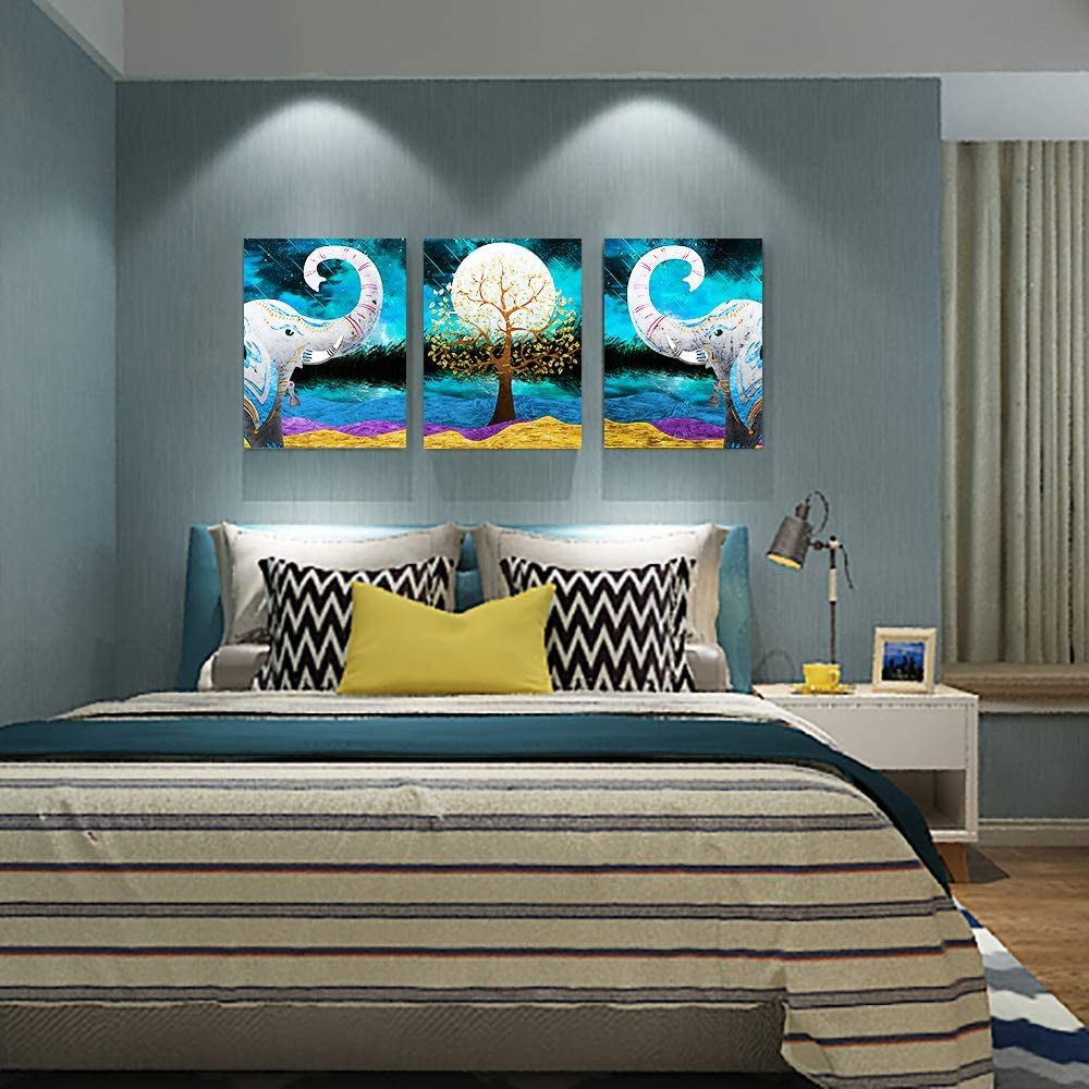 Canvas Wall Art for Living Room ,Farmhouse Bathroom Wall Decor Blue Abstract Animal Landscape Painting,Modern Family Kitchen Bedroom Decoration Elephant Canvas Art Pictures Artwork for Home Walls