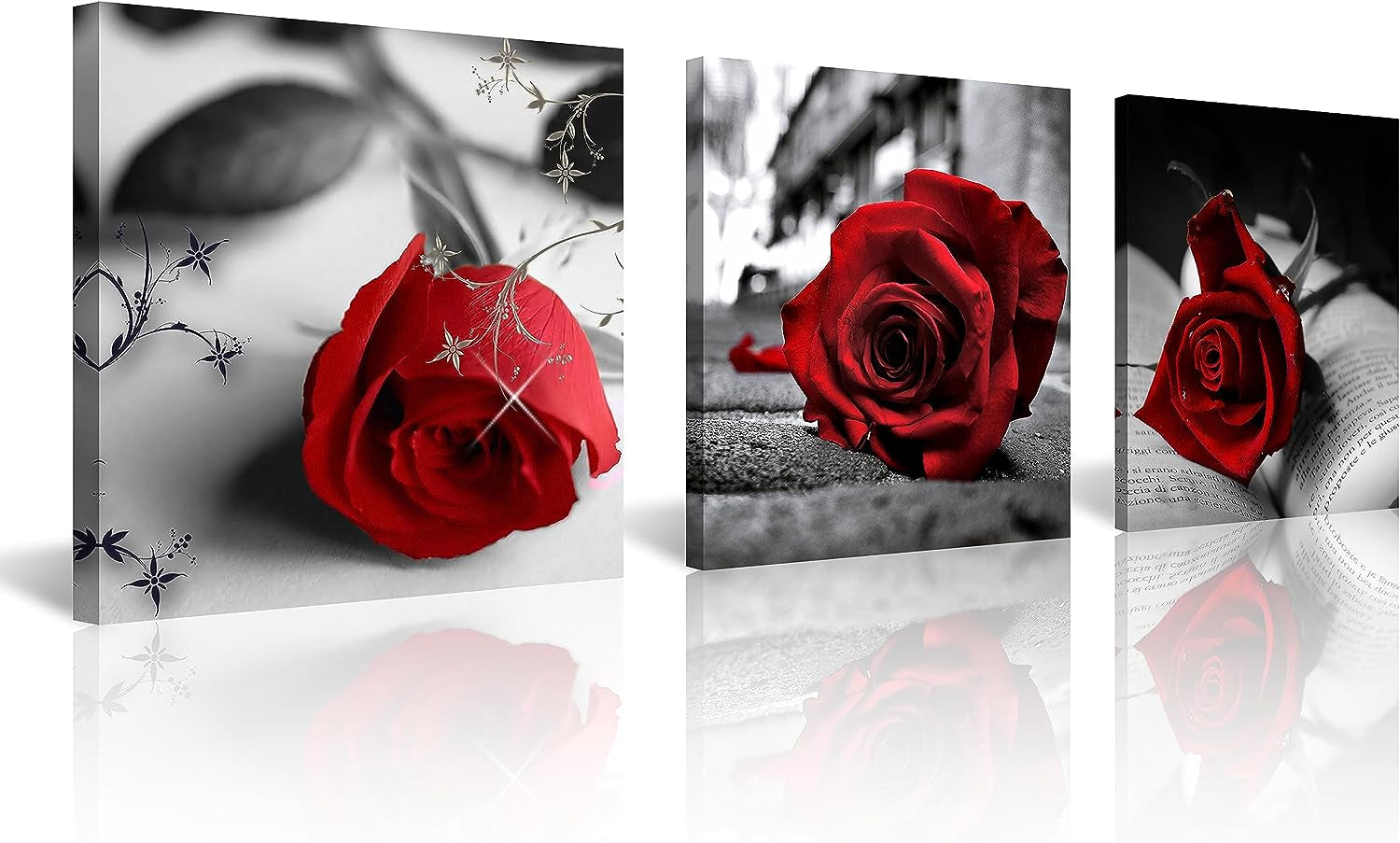 Canvas Print 3 Pcs Black and White Red Rose Canvas Art Painting Abstract Wall Art Decorations Flower Picture on Canvas for Home Decor Stretched and Framed