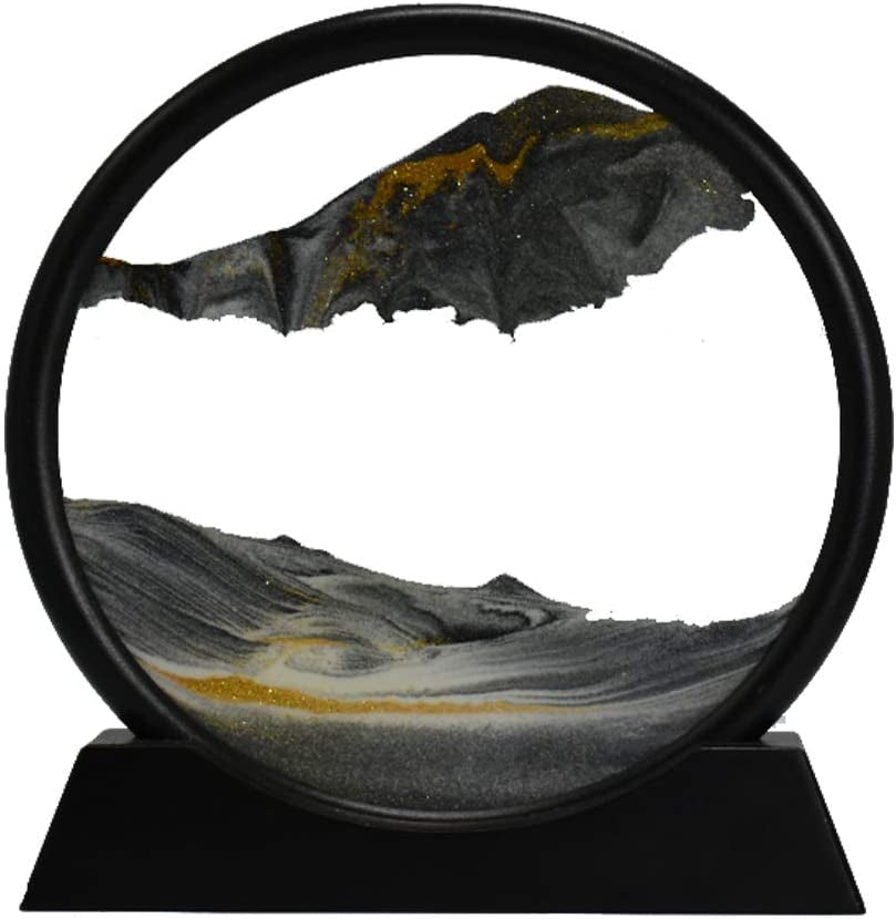 Moving Sand Art Picture round Glass 3D Deep Sea Sandscape in Motion Display Flowing Sand Frame Relaxing Desktop Home Office Work Decor (12", Black)