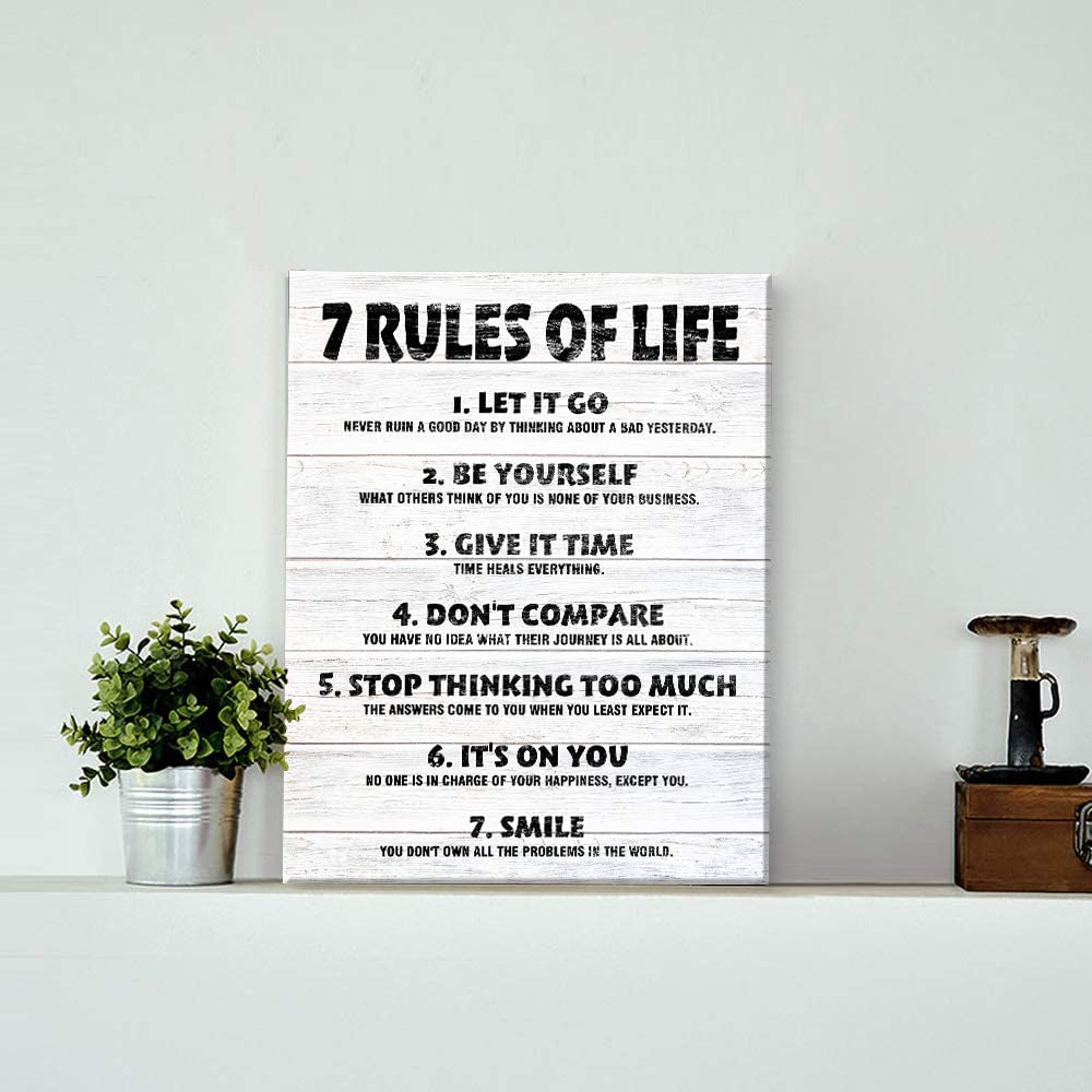 Motivational Quotes Wall Decor 7 Rules of Life Inspirational Motto Canvas Print Wall Art Framed (12X15 Inch, Black)