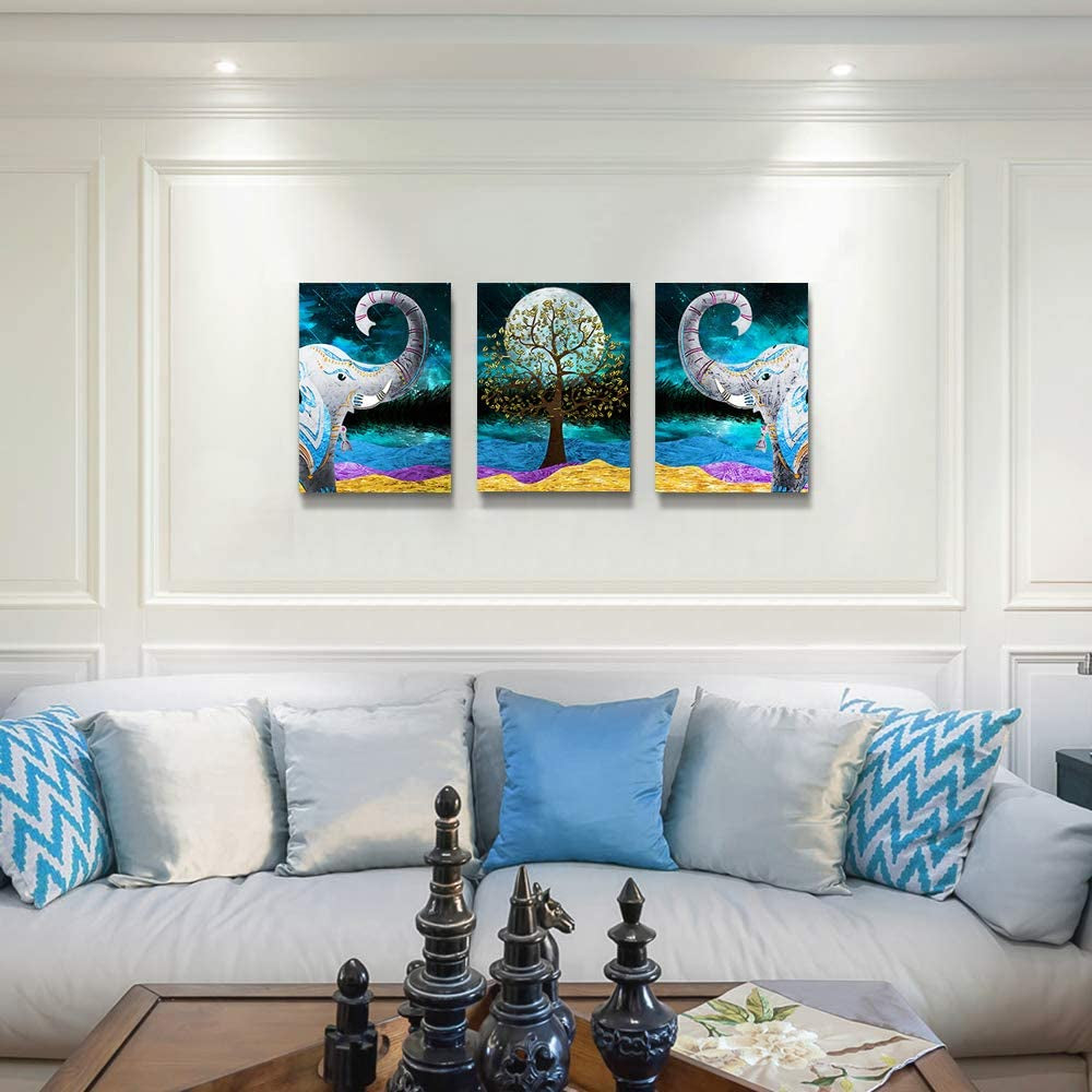 Canvas Wall Art for Living Room ,Farmhouse Bathroom Wall Decor Blue Abstract Animal Landscape Painting,Modern Family Kitchen Bedroom Decoration Elephant Canvas Art Pictures Artwork for Home Walls