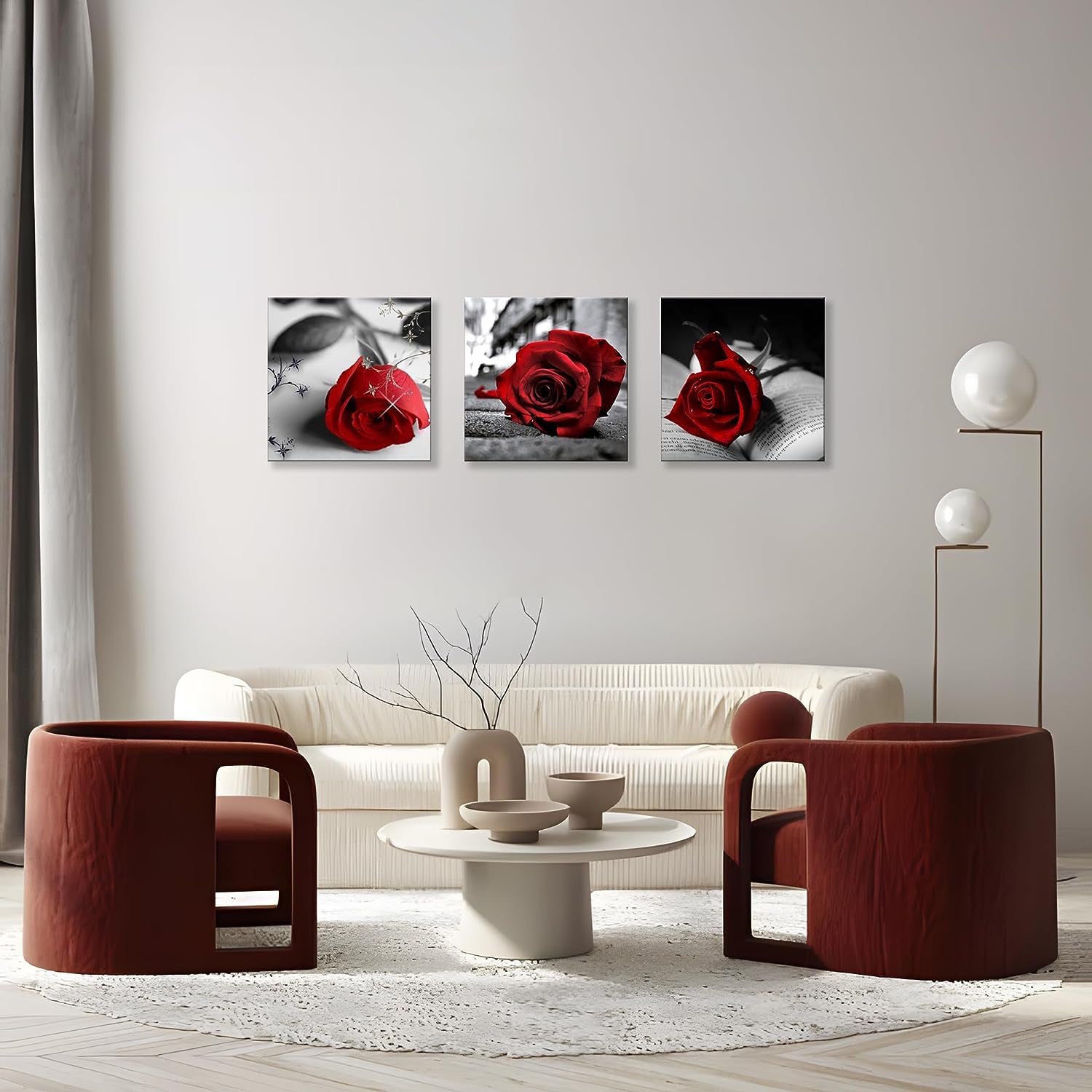 Canvas Print 3 Pcs Black and White Red Rose Canvas Art Painting Abstract Wall Art Decorations Flower Picture on Canvas for Home Decor Stretched and Framed