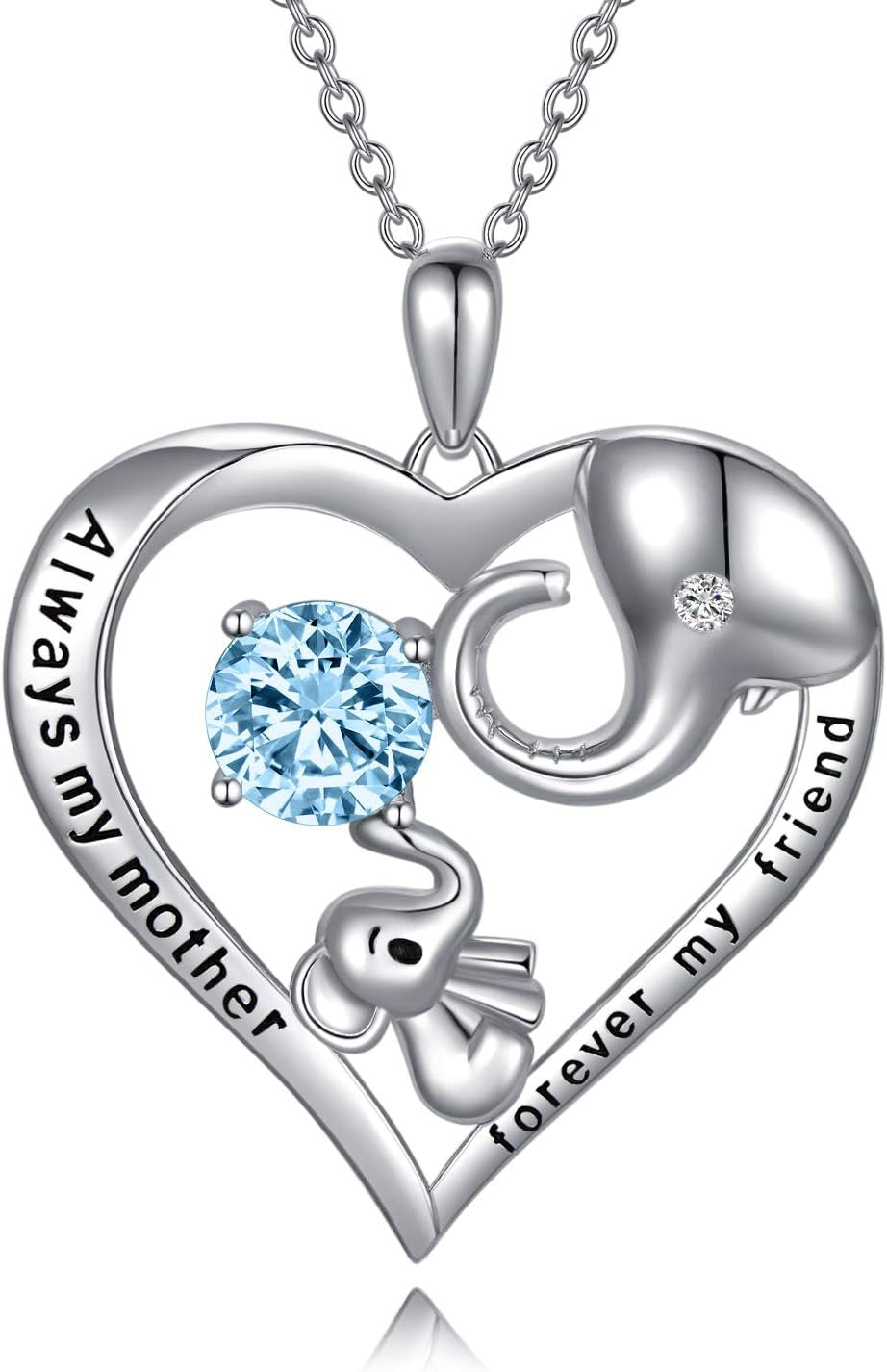 Mom Necklace Sterling Silver Love Heart Lucky Elephant Necklace with Birthstone Crystals, Birthday Mother Day Jewelry Gifts for Mom from Daughter Son Husband