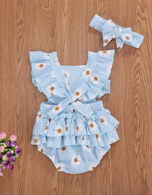 Load image into Gallery viewer, Baby Girls Daisy Playsuits Ruffled Bodysuit+Headband Print Fly Sleeve Romper Floral Jumpsuit Infant Summer Clothes
