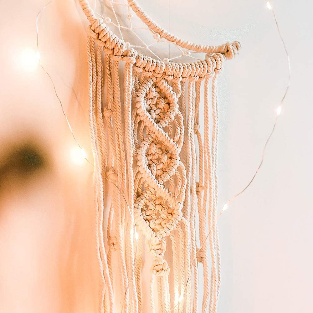 Girls Room Decor Moon Dream Catcher with Lights Boho Tapestry Macrame Wall Hanging Dreamcatcher Girl Wall Decor with Light Boho Tapestry Rope Art Room Decoration