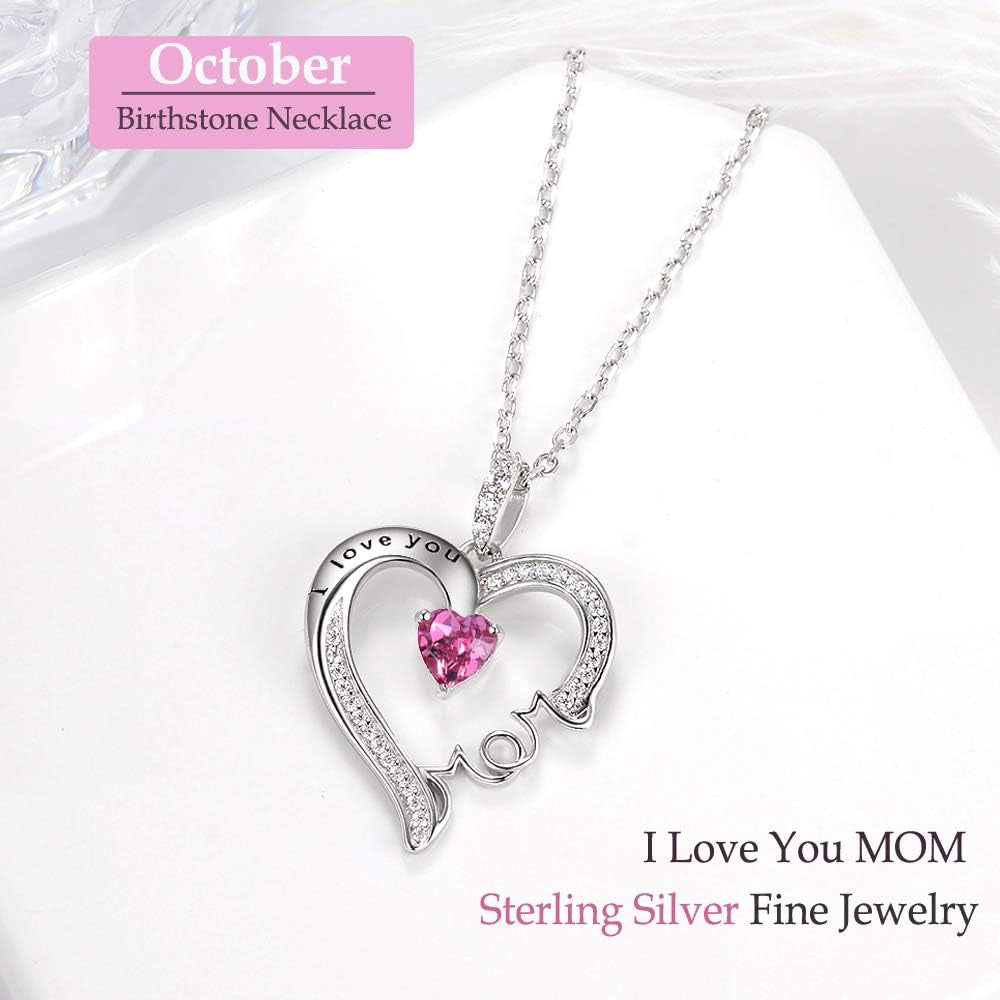 I Love You Mom Necklace for Mom 925 Sterling Silver Pendant with Birthstones, Birthday Mother'S Day Jewelry Gifts for Women