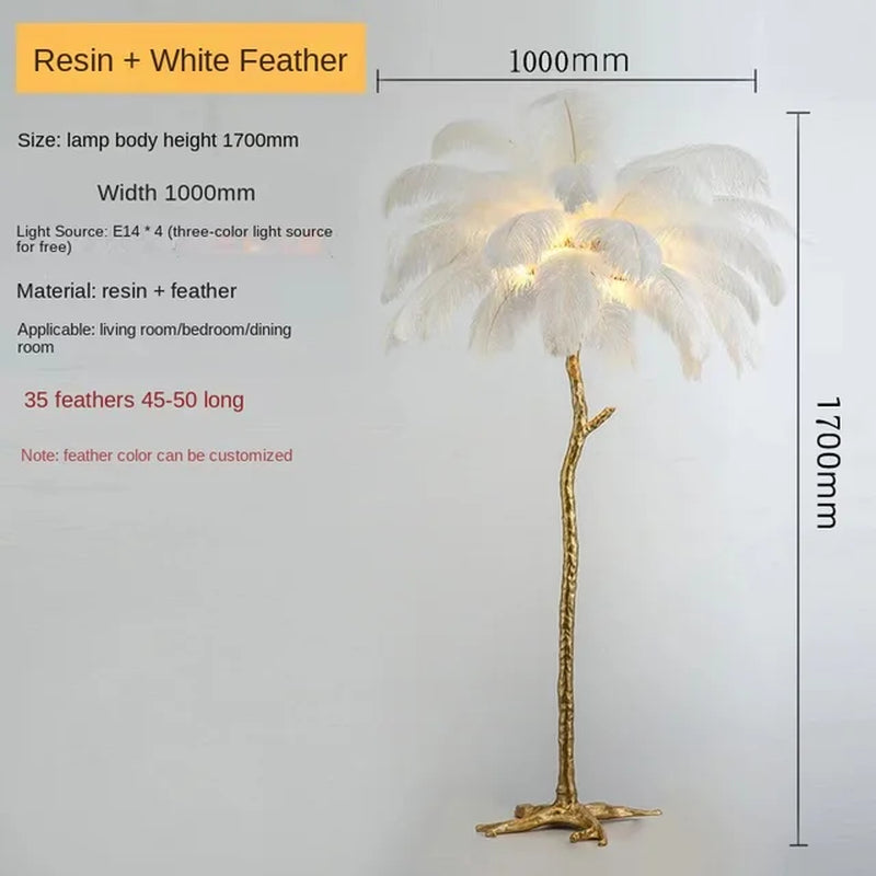 Nordic Ostrich Feather Led Floor Lamp Resin Copper Living Room Home Decor Standing Light Indoor Lighting Bedroom Bedside Light