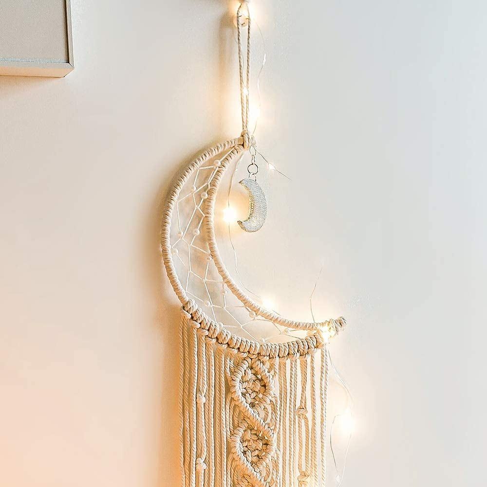 Girls Room Decor Moon Dream Catcher with Lights Boho Tapestry Macrame Wall Hanging Dreamcatcher Girl Wall Decor with Light Boho Tapestry Rope Art Room Decoration