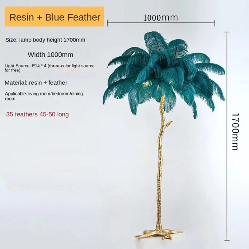 Nordic Ostrich Feather Led Floor Lamp Resin Copper Living Room Home Decor Standing Light Indoor Lighting Bedroom Bedside Light