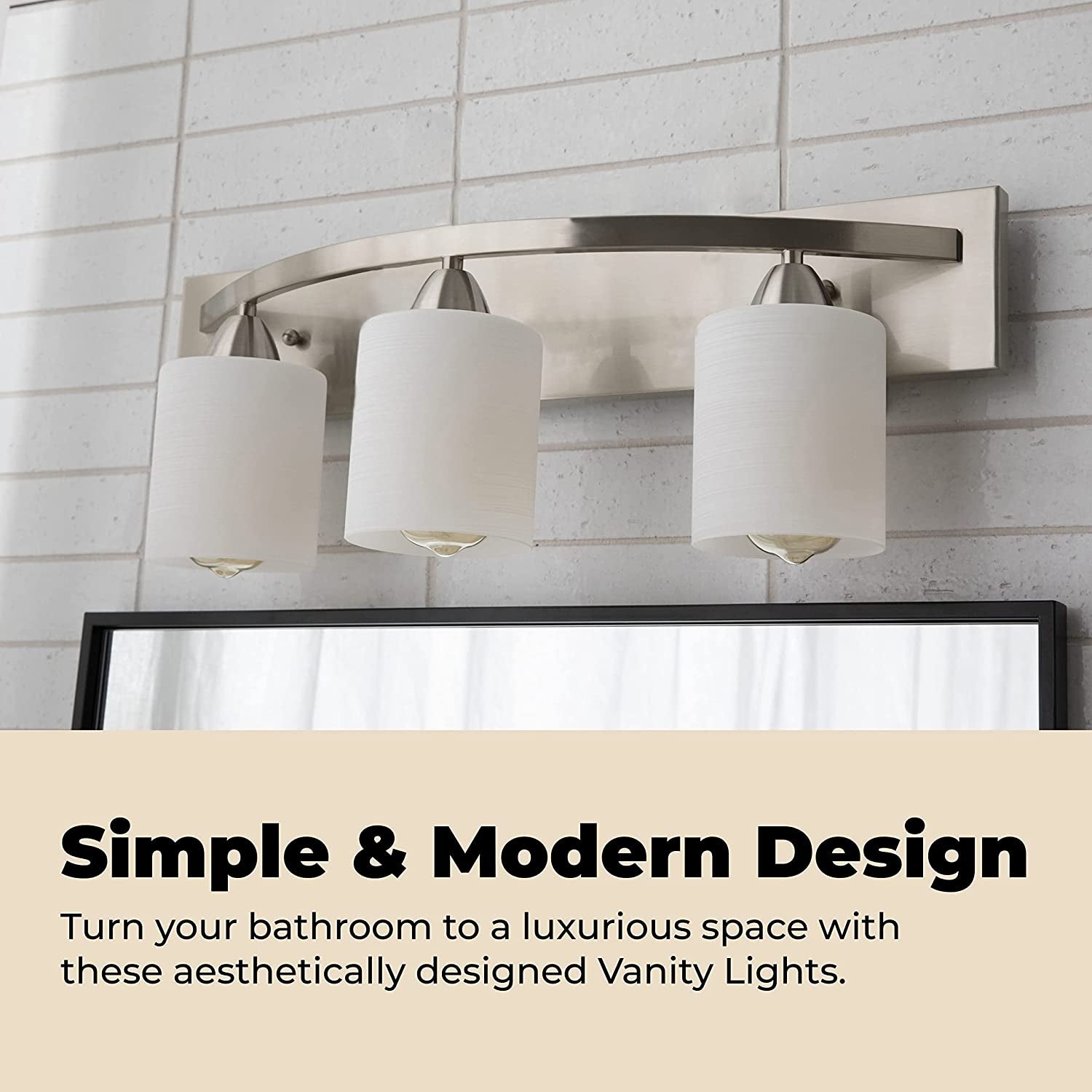 | Bathroom Vanity Light Bar | Interior Bathroom Lighting Fixtures with Modern Glass Shade | Bathroom Lights over Mirror | (Brushed Nickel, 3 Lights, E26 100W LED, Bulbs Not Included)