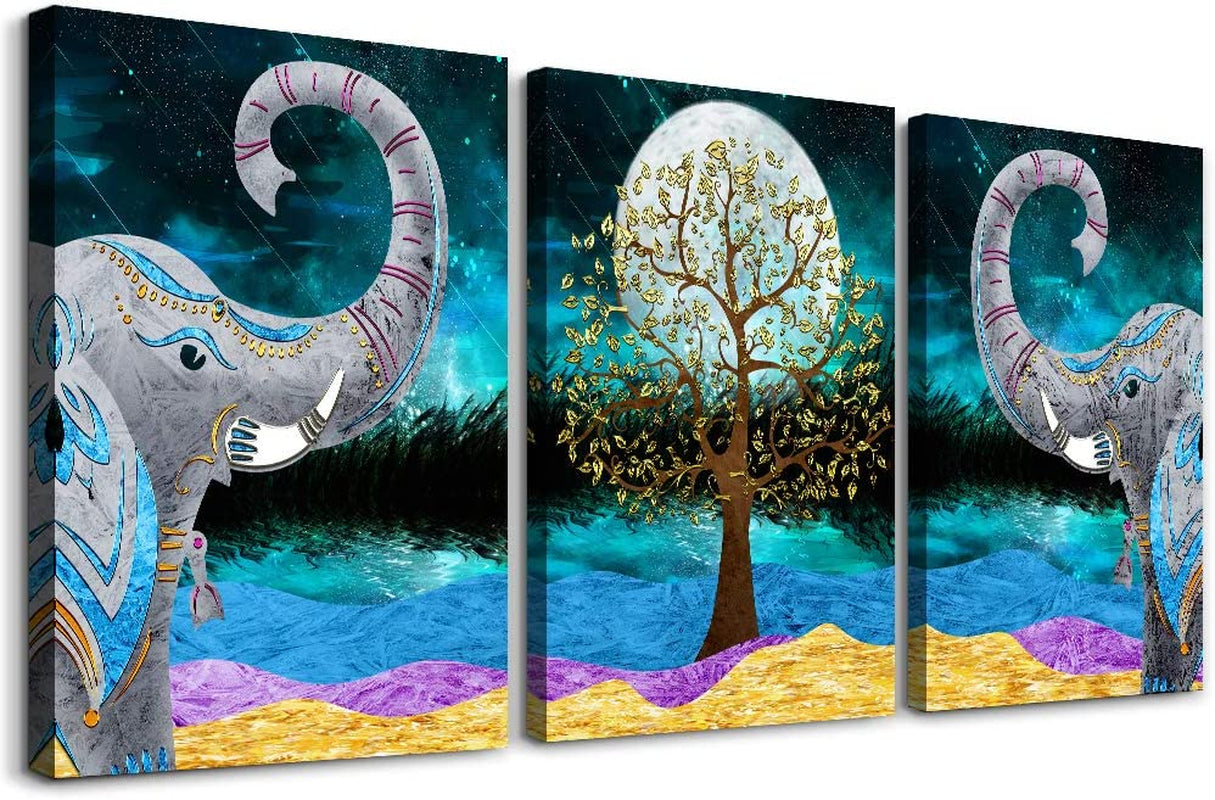 Canvas Wall Art for Living Room ,Farmhouse Bathroom Wall Decor Blue Abstract Animal Landscape Painting,Modern Family Kitchen Bedroom Decoration Elephant Canvas Art Pictures Artwork for Home Walls