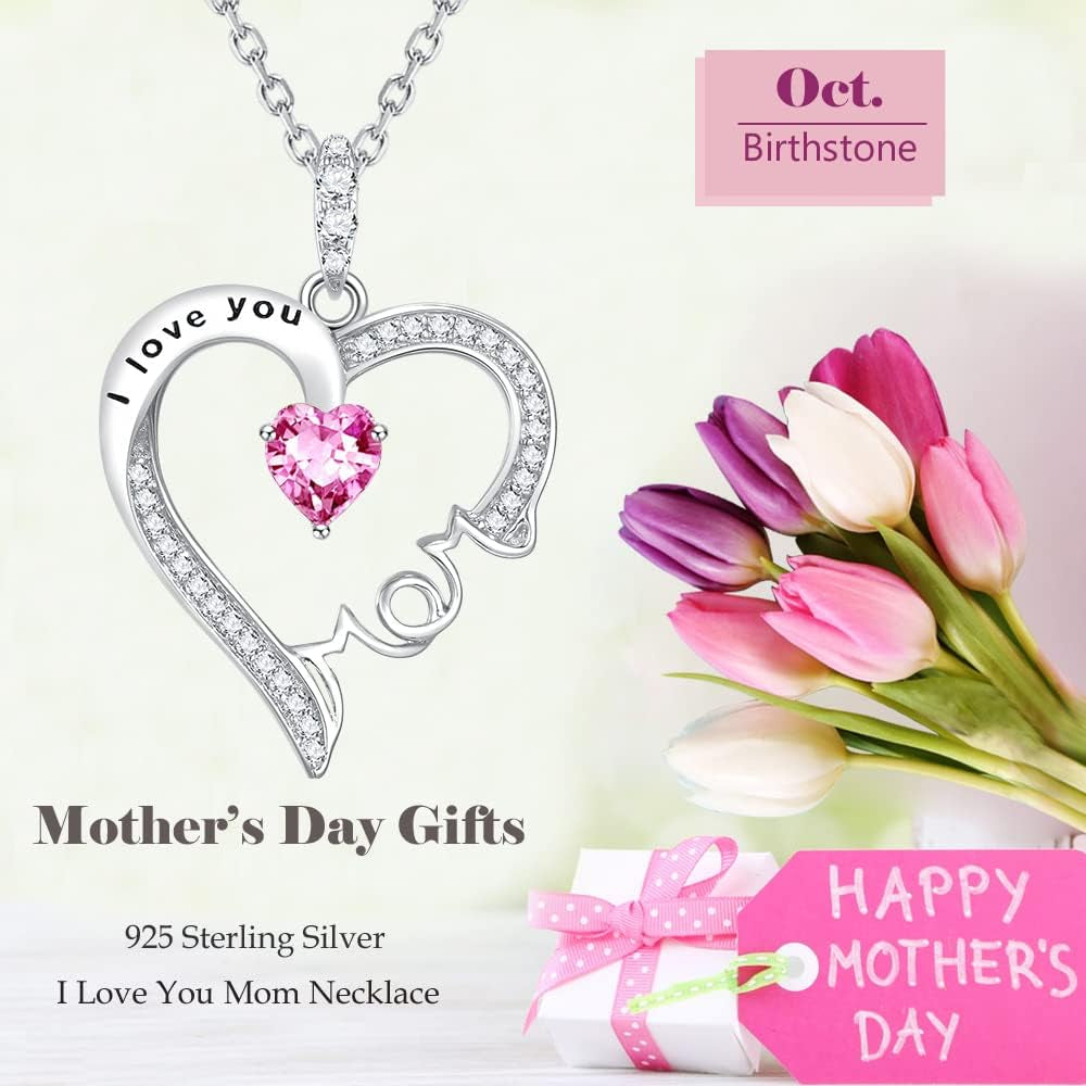 I Love You Mom Necklace for Mom 925 Sterling Silver Pendant with Birthstones, Birthday Mother'S Day Jewelry Gifts for Women