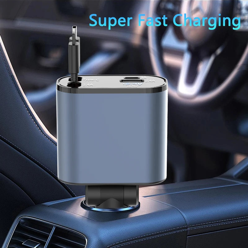 2023 New Retractable Car Charger 4 In1 Fast Car Phone Charger 66W Retractable Cables (2.6Ft) and 2 USB Ports Car Charger Adapter