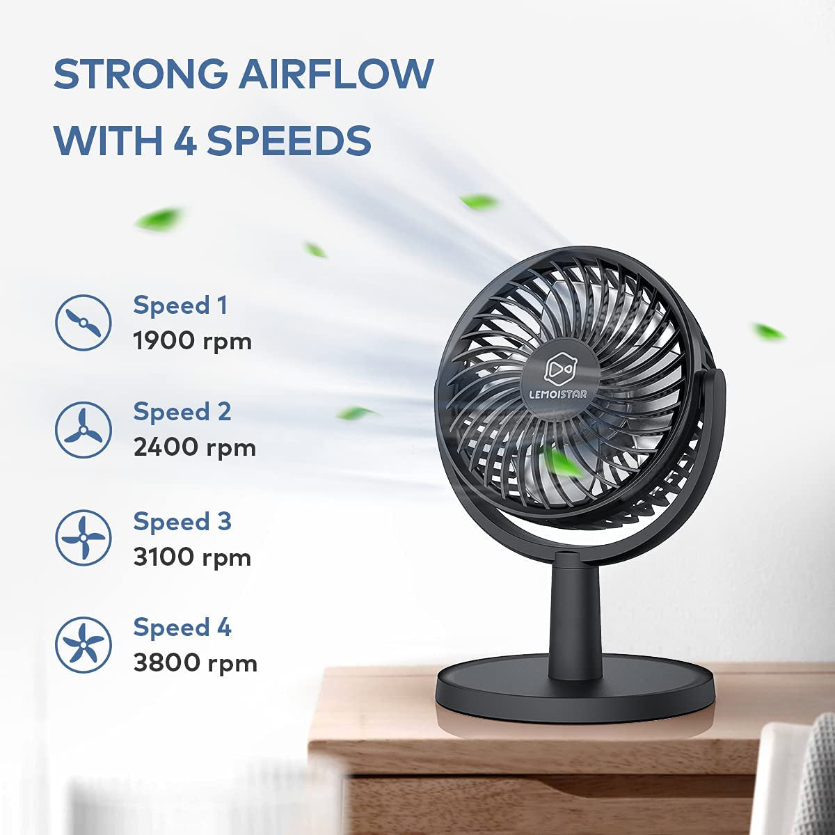 Small Personal USB Powered Fan with 4 Speeds, Portable Desk Fans with 310° Rotation, Mini Powerful Table Fans, Ultra Quiet Air Cooling Fan for Office, Bedroom, Easy to Store, Strong, Compact-Black