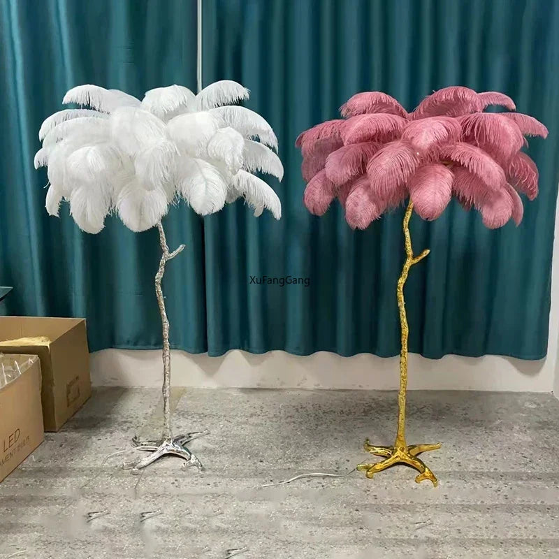 Nordic Ostrich Feather Led Floor Lamp Resin Copper Living Room Home Decor Standing Light Indoor Lighting Bedroom Bedside Light