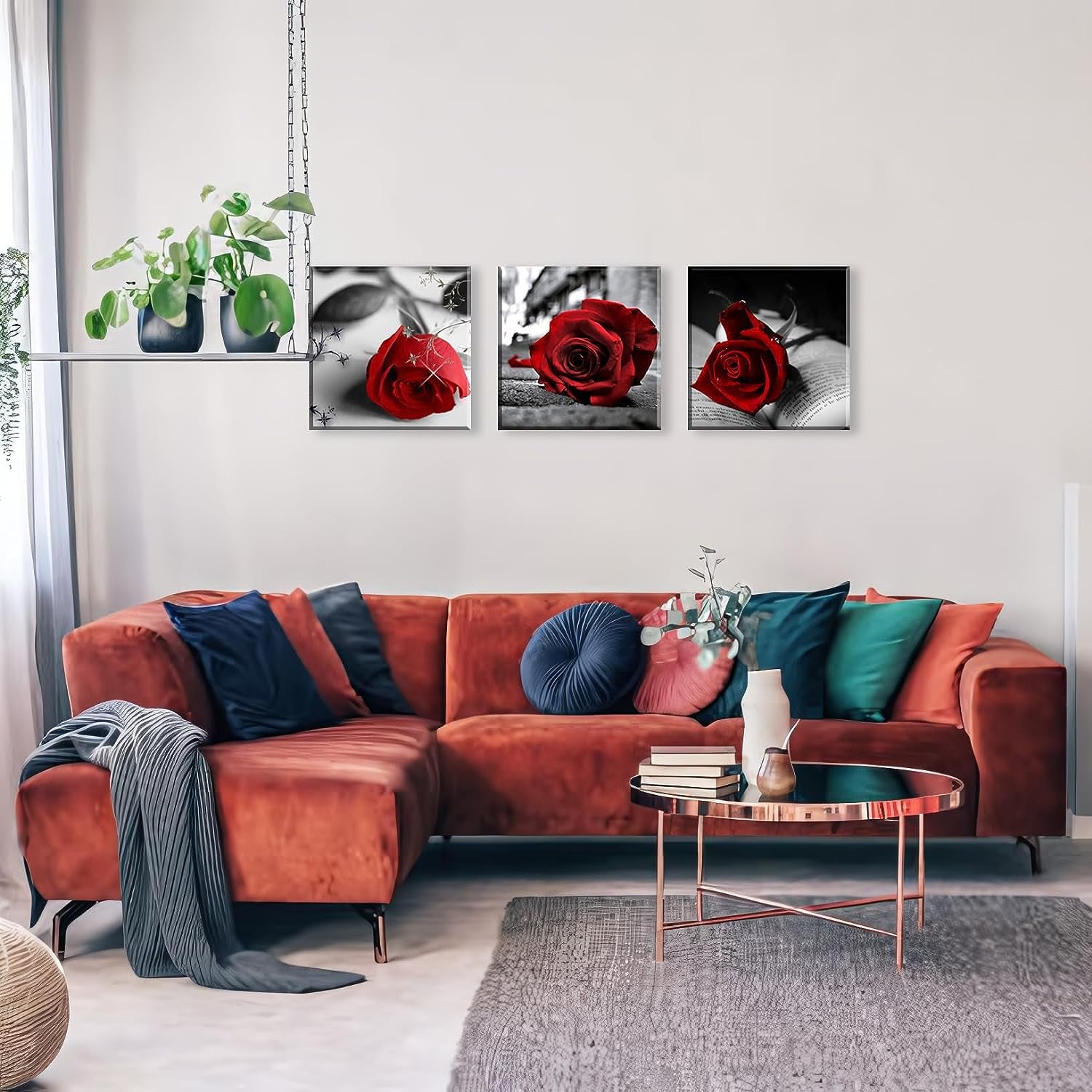 Canvas Print 3 Pcs Black and White Red Rose Canvas Art Painting Abstract Wall Art Decorations Flower Picture on Canvas for Home Decor Stretched and Framed