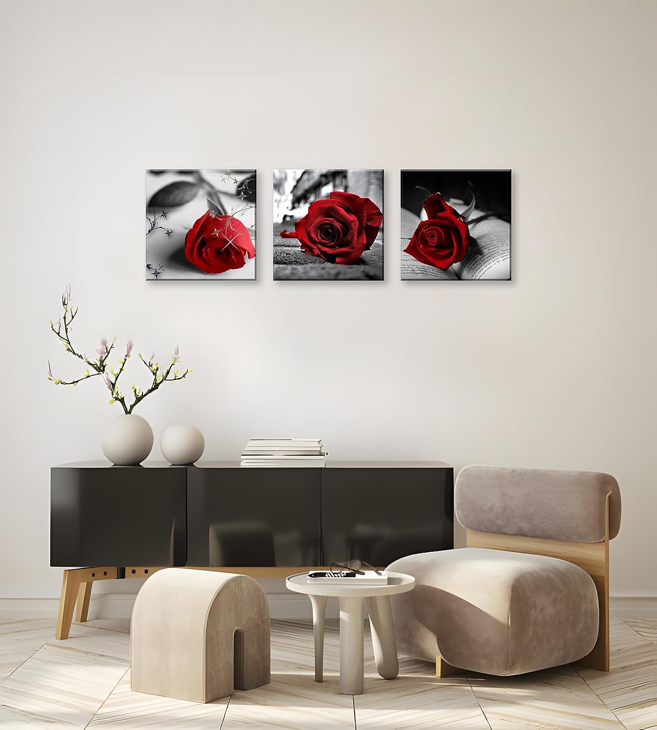 Canvas Print 3 Pcs Black and White Red Rose Canvas Art Painting Abstract Wall Art Decorations Flower Picture on Canvas for Home Decor Stretched and Framed