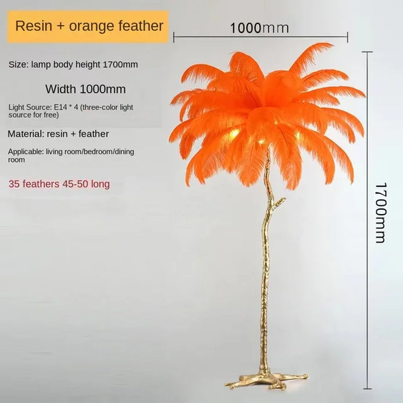 Nordic Ostrich Feather Led Floor Lamp Resin Copper Living Room Home Decor Standing Light Indoor Lighting Bedroom Bedside Light